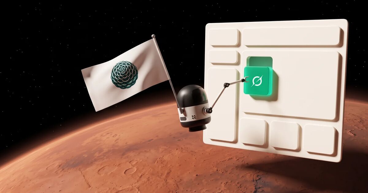 A small robot plants a Respira flag on Mars and presses a green Grok key on a WordPress page