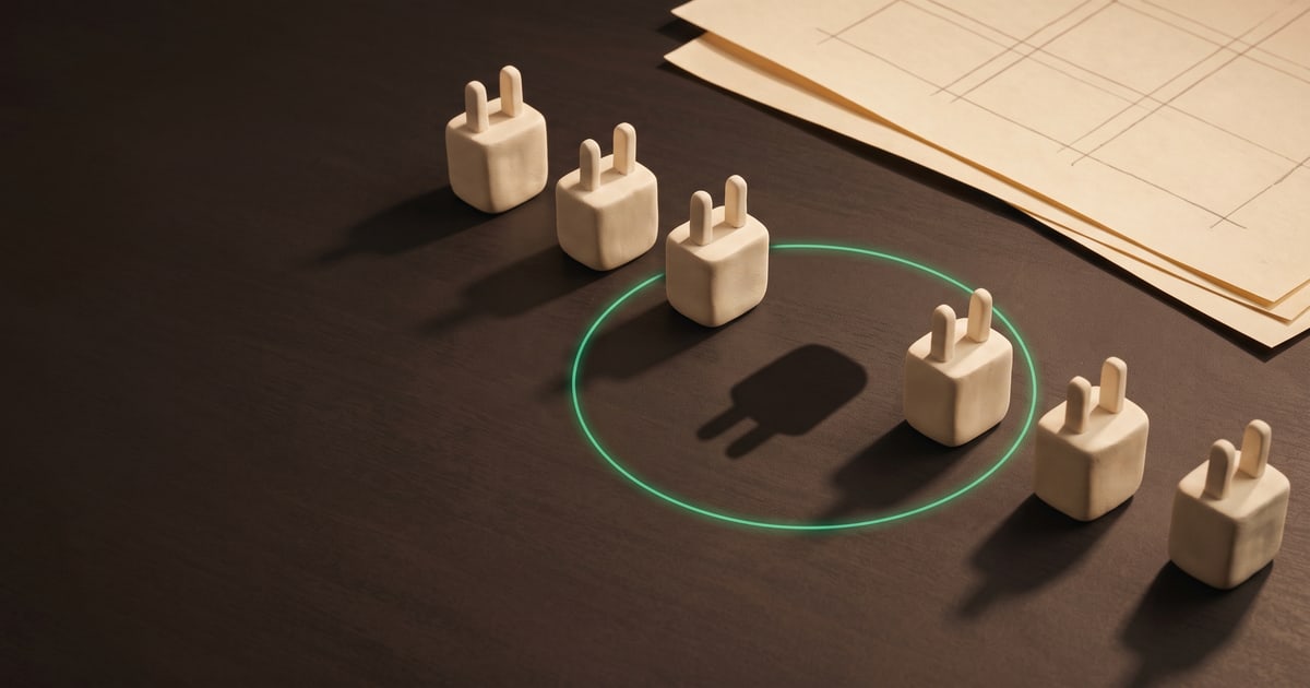 A row of small clay plugs on a dark desk. One is missing, and its shadow is still there, inside a thin green ring.
