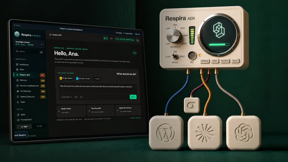 The Respira AER console beside a laptop showing the AER dashboard; the console's round screen shows the TypeSafe mark above an emerald progress bar