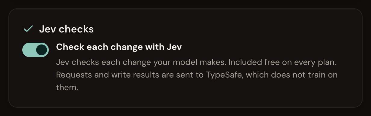 Respira AER settings: the Jev checks switch, on, with the line: Jev checks each change your model makes. Included free on every plan.