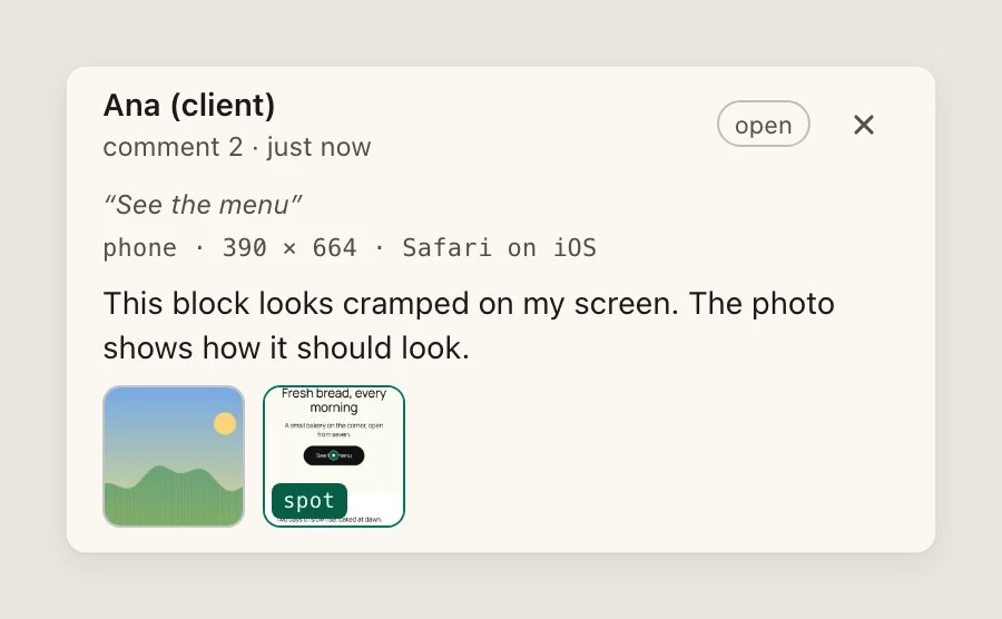 A Murmur note left on a phone: the client's words, the device line reading phone, 390 by 664, Safari on iOS, an attached photo and a small picture of the pinned spot.