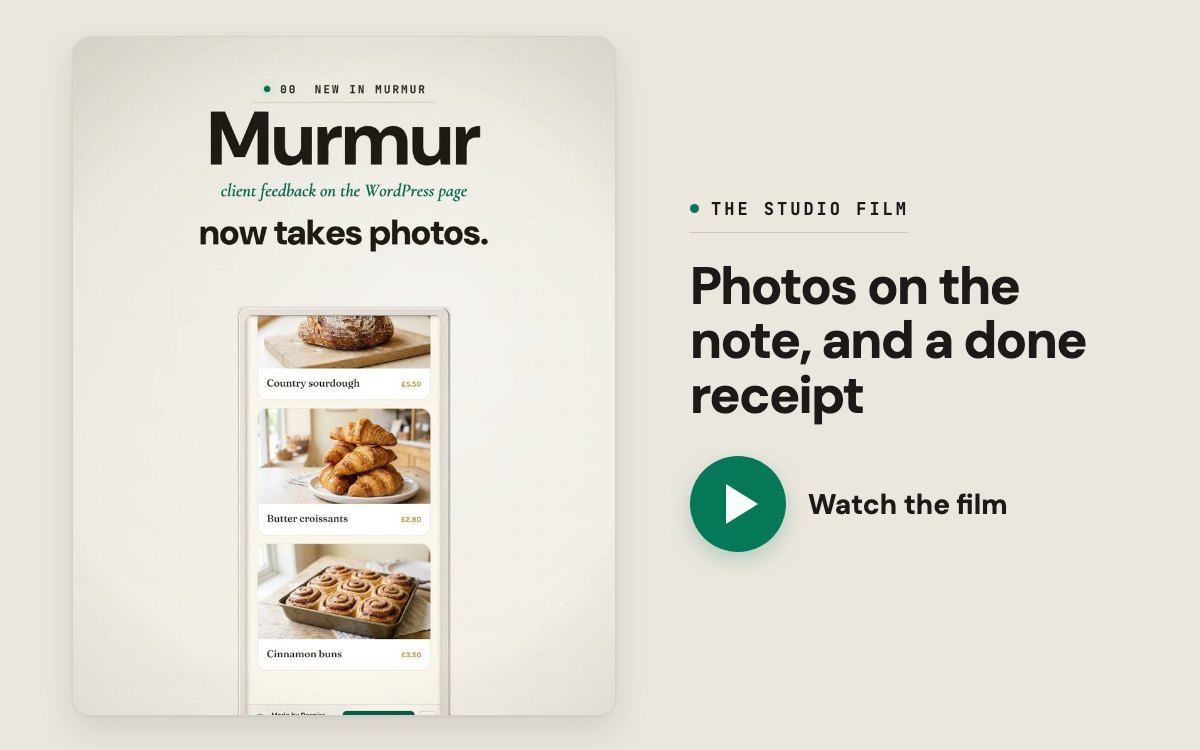 The Studio film: Murmur, client feedback on the WordPress page, now takes photos. Press to watch it on the Murmur page.