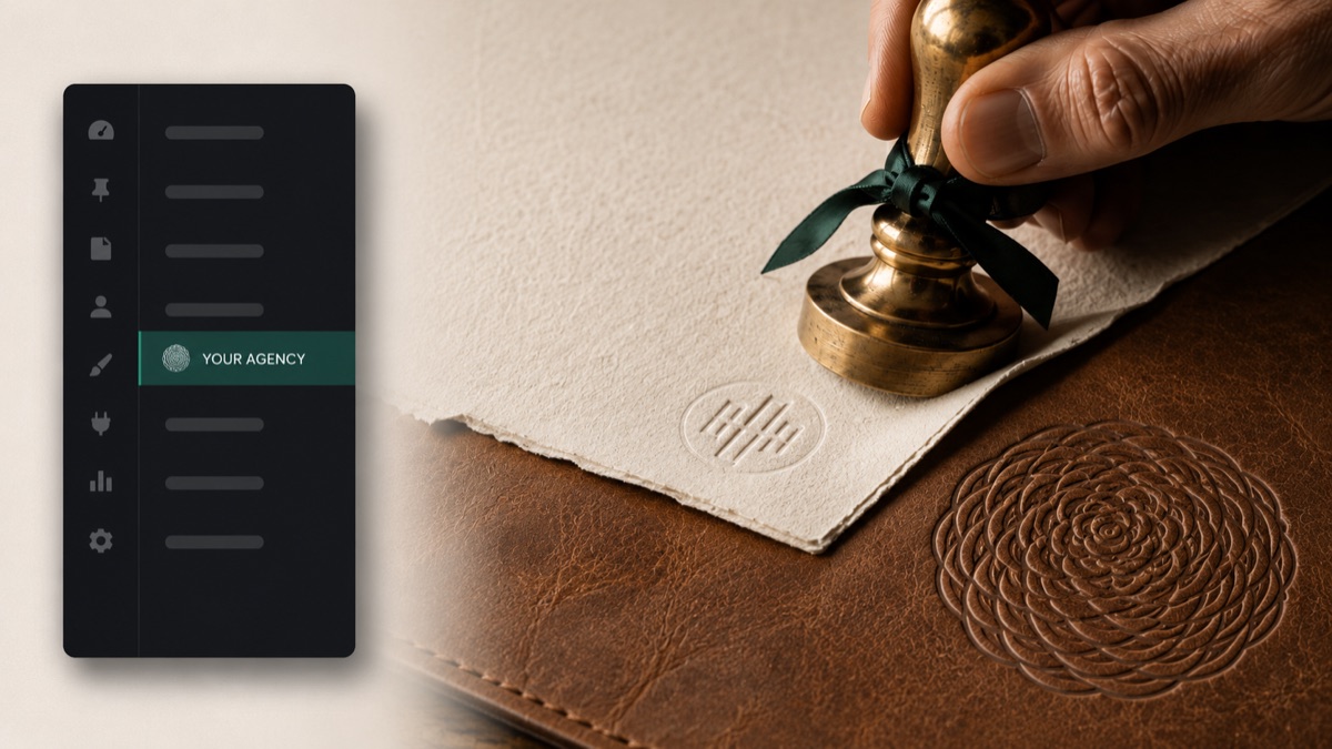 A wp-admin sidebar with the menu entry reading YOUR AGENCY, beside a brass stamp pressing a seal into handmade paper