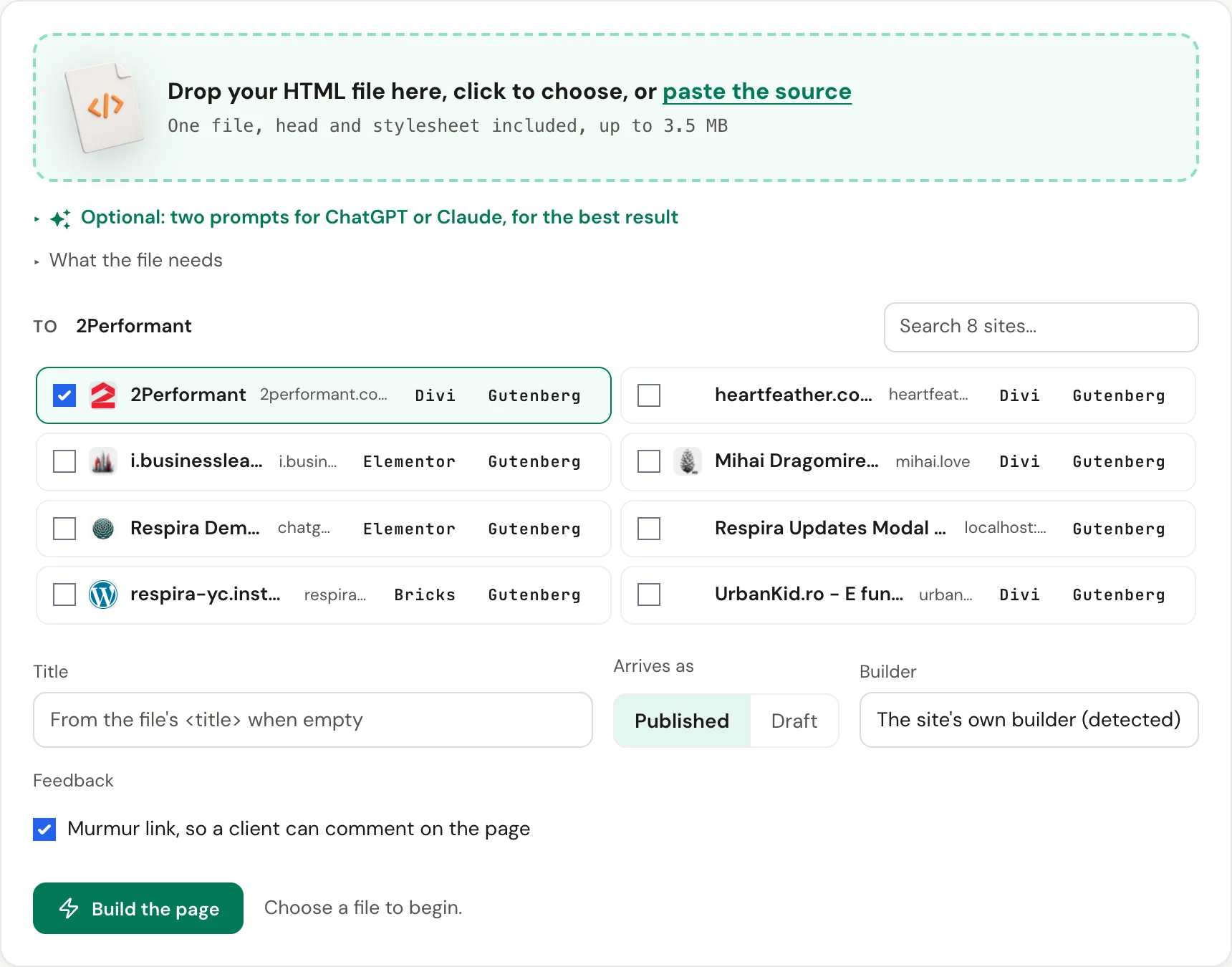 The Respira Exhale form in the dashboard: drop an .html file, a page title, draft or published, and the Murmur link option