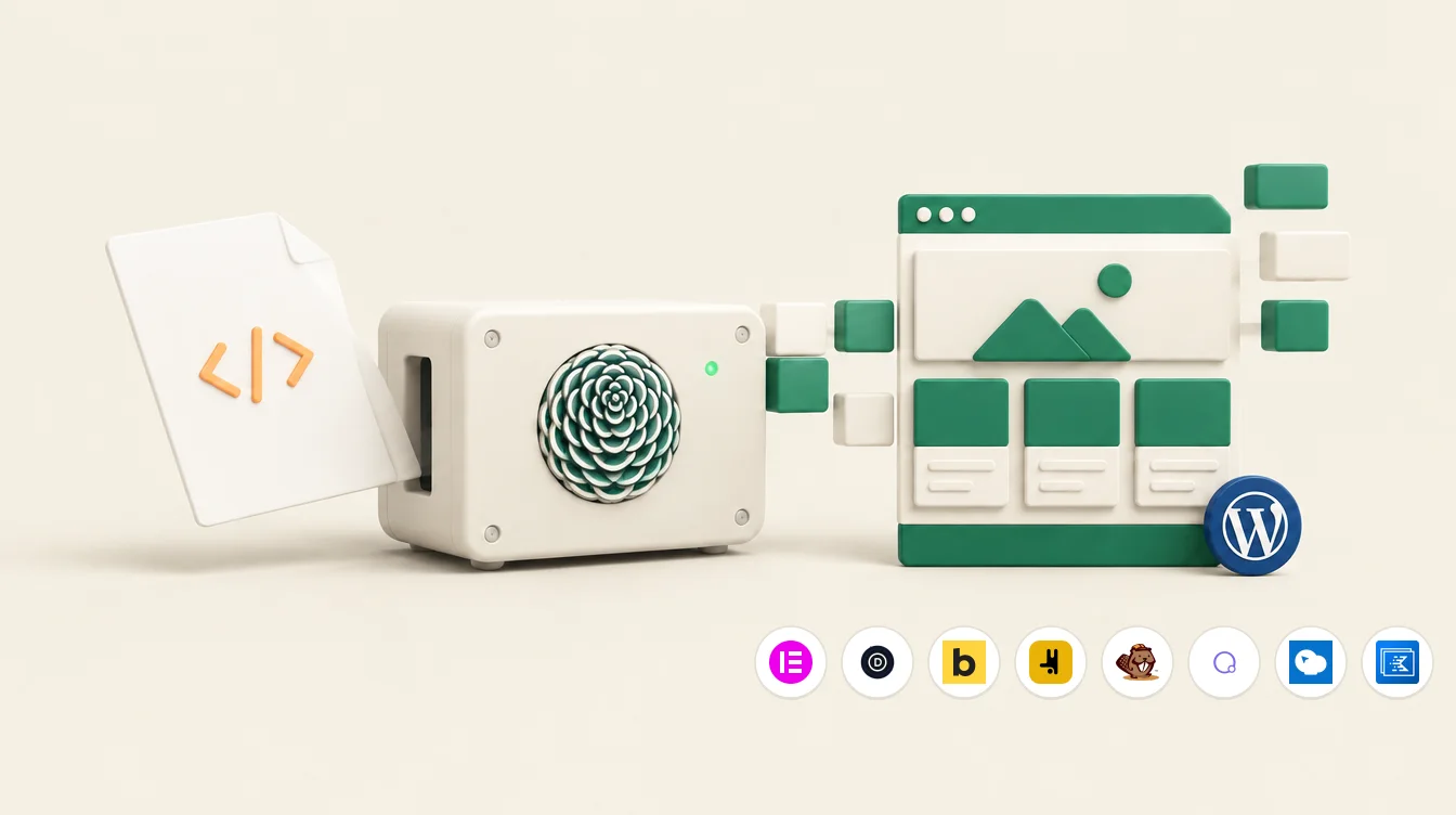 An HTML file slides into a small cream converter with the Respira rosette on its front; on the other side a WordPress page assembles itself from green blocks, with the page builders it writes lined up beneath
