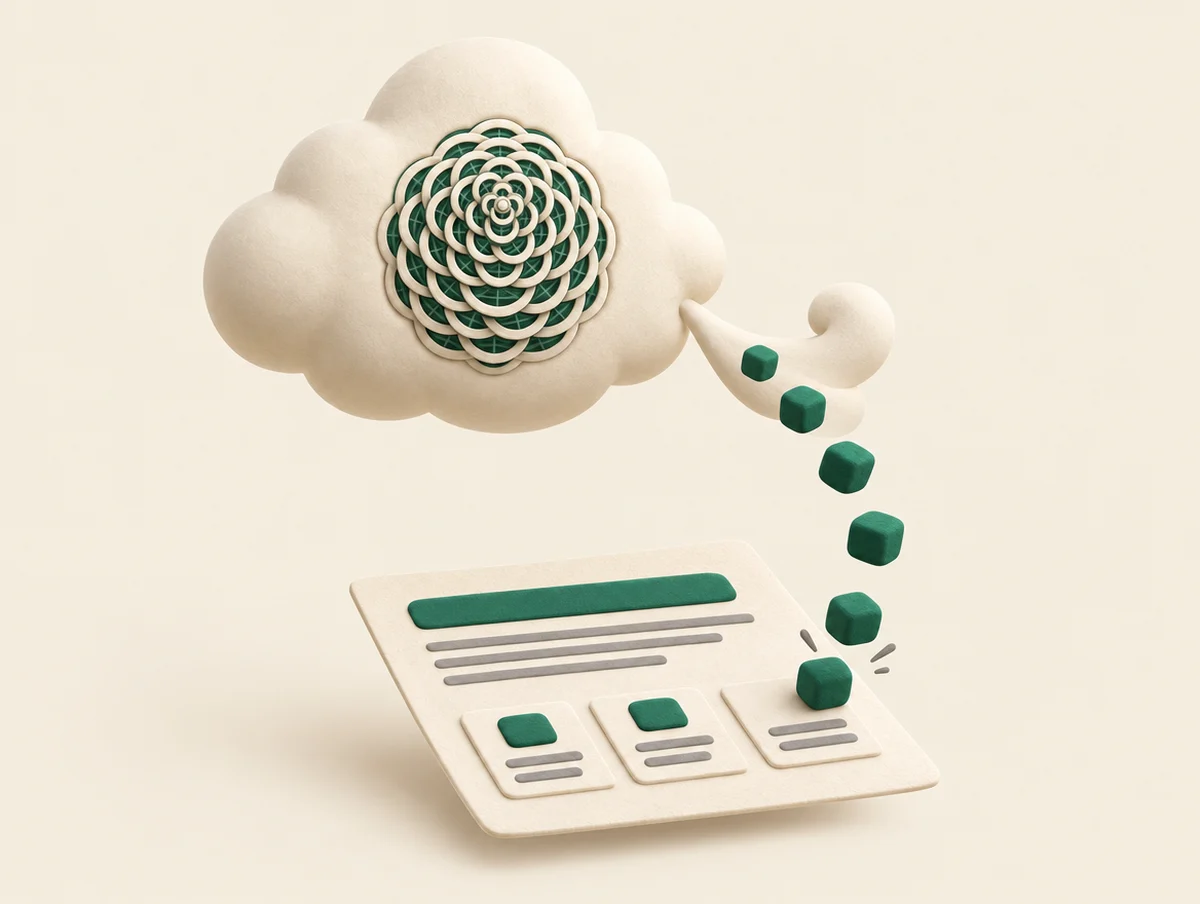 A soft cloud with the Respira mandala on its belly, gently exhaling small green blocks that settle into a tidy little web page