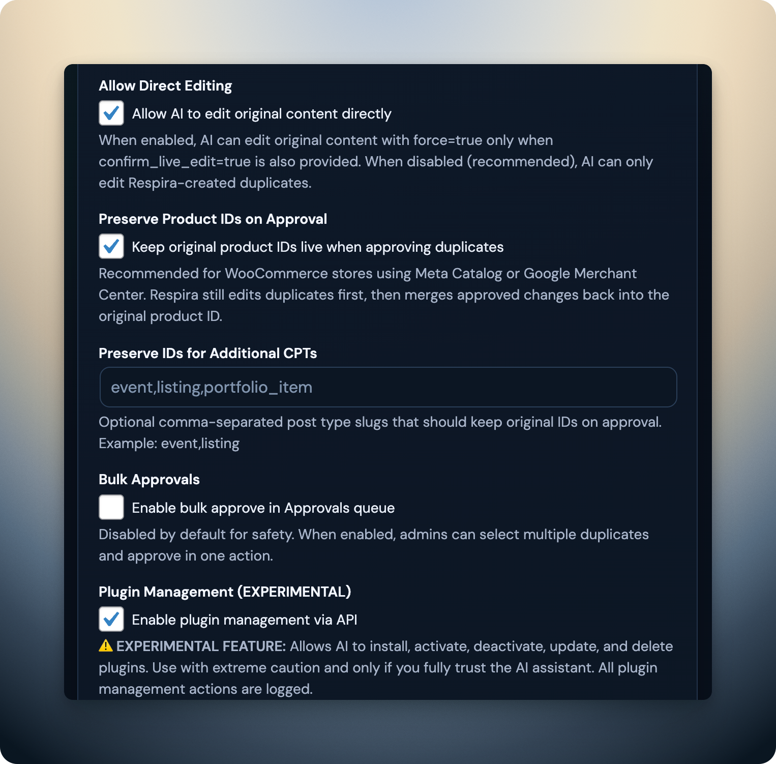 Respira approvals settings showing preserve product IDs and bulk approvals.