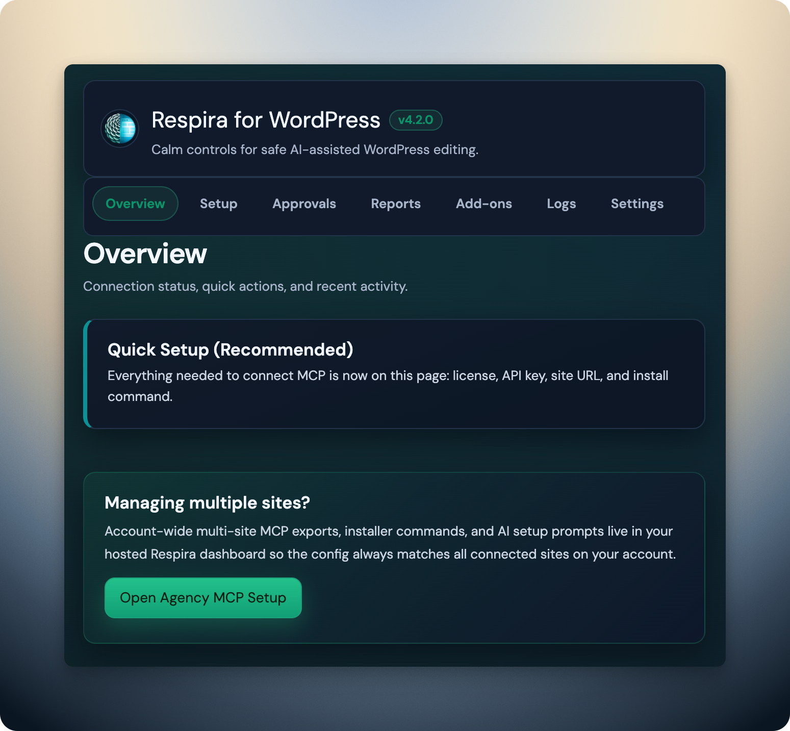 Respira for WordPress 4.2 MCP setup overview screen.
