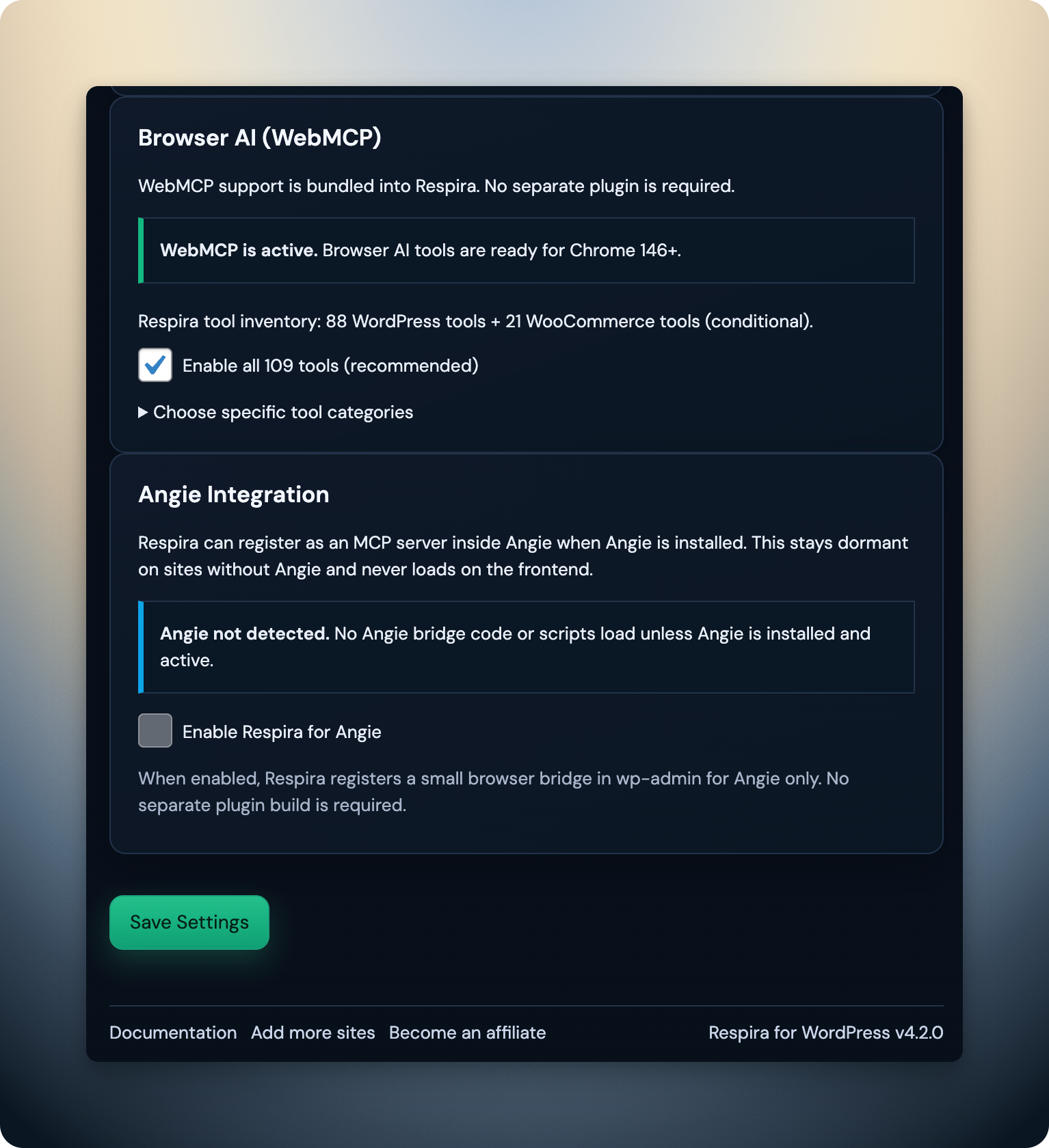Respira WebMCP and Angie integration settings screen.