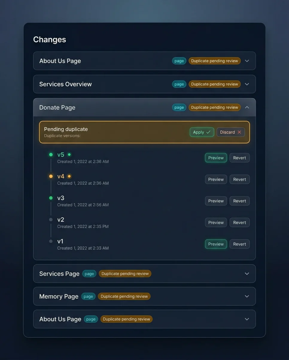 Respira 5.0 Haven Changes page showing pending duplicates and version history with diff preview.
