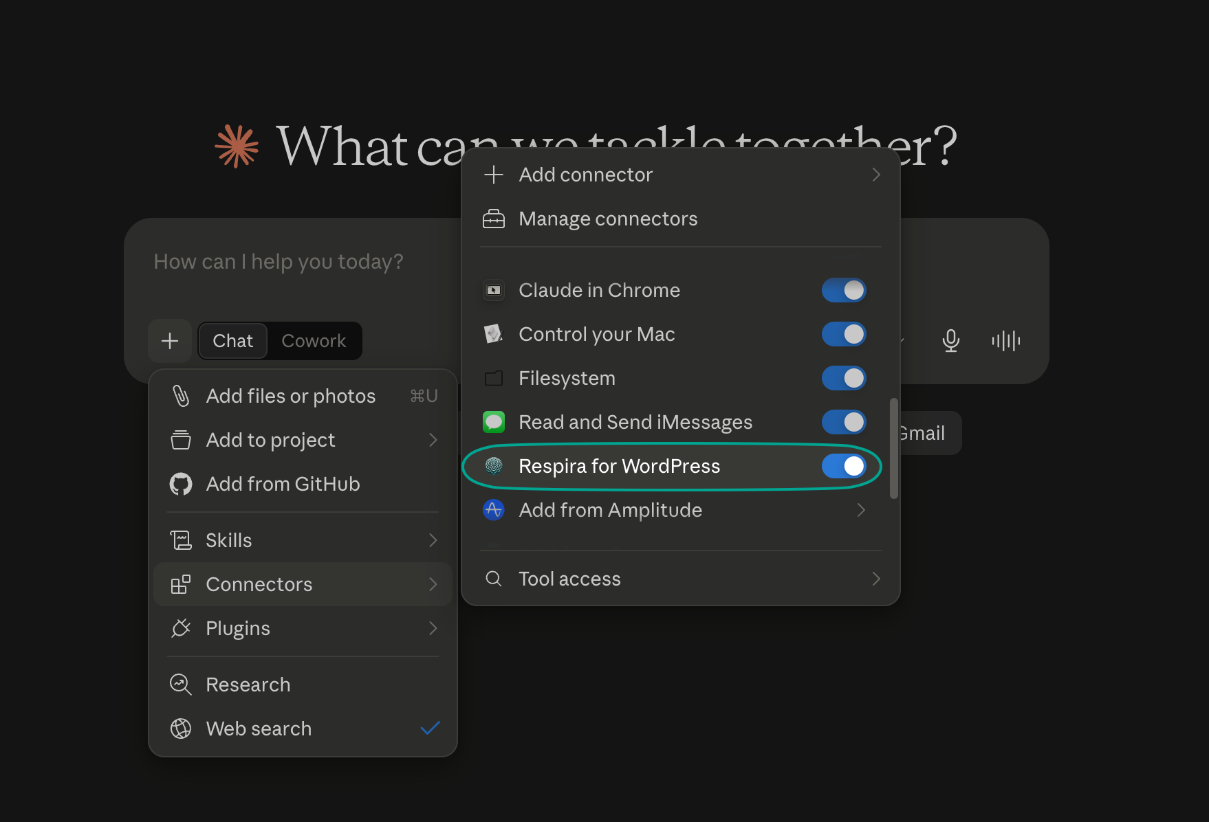 Claude's connector menu with Respira for WordPress enabled alongside other tools.