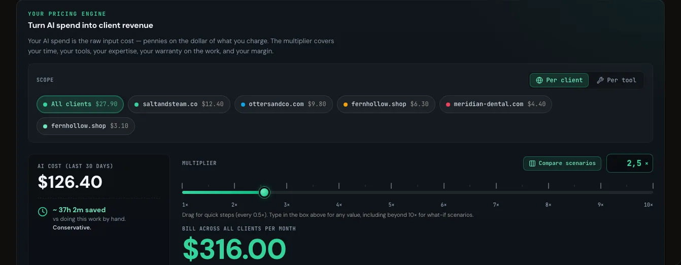 The Earn page in the Respira dashboard: AI cost per client site and the pricing multiplier
