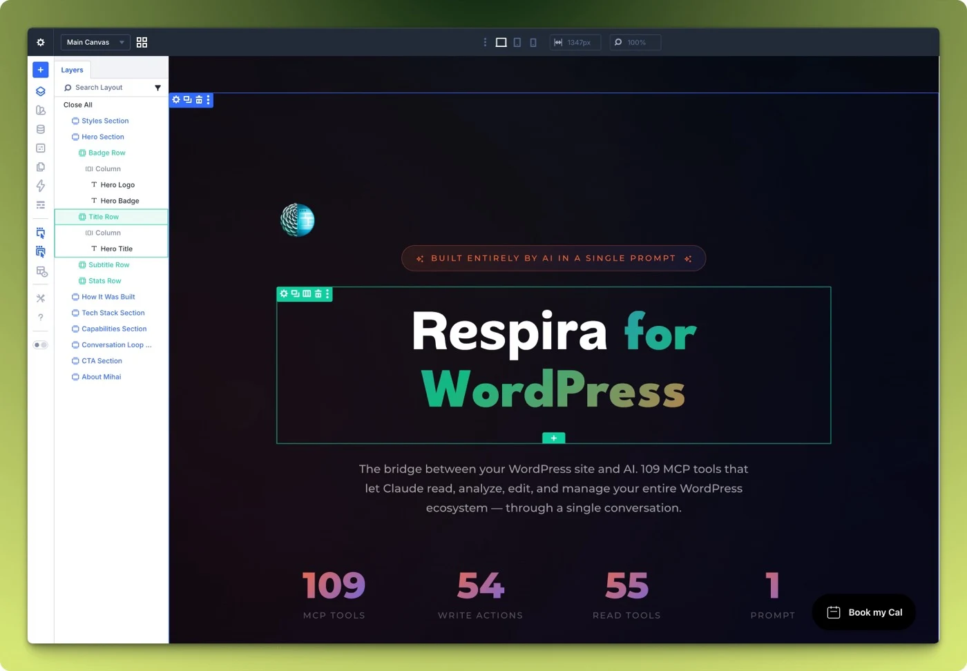 Divi 5 visual builder showing a complete page built from a single AI prompt through Respira and WebMCP