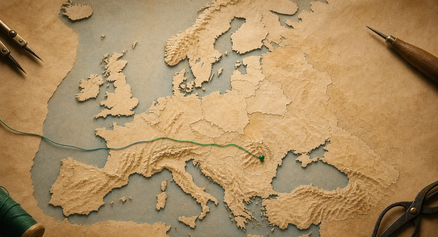 A hand-crafted warm paper relief map of Europe with an emerald thread beginning in Brașov, Romania