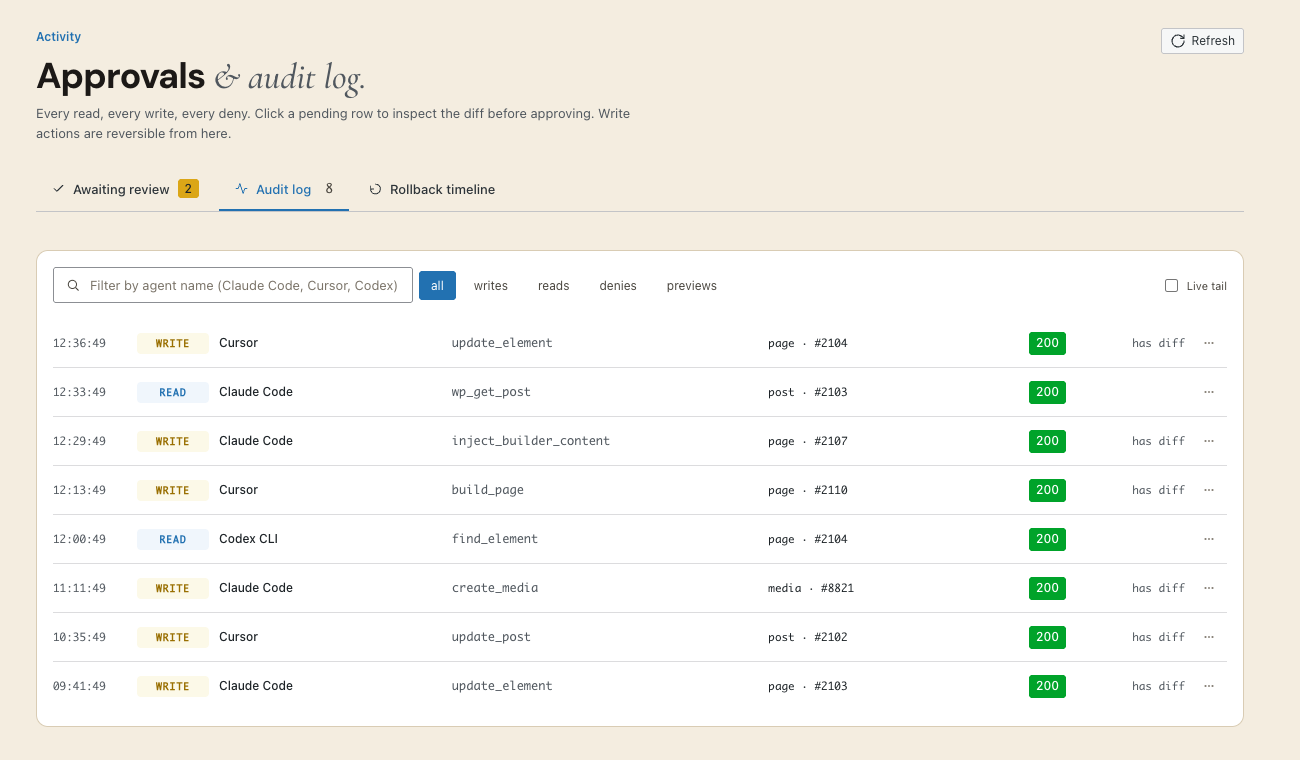 Respira for WordPress 8.6.9 in light mode, showing AI tool calls with their agents, targets, results, timestamps, and available diffs.