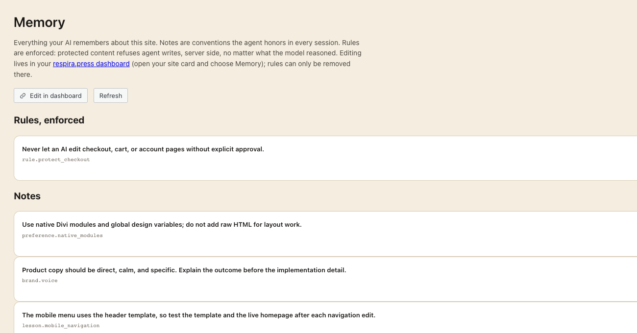 Light-mode Respira for WordPress 8.6.9 Memory screen showing an enforced checkout rule and the site's remembered design, copy, and testing conventions.