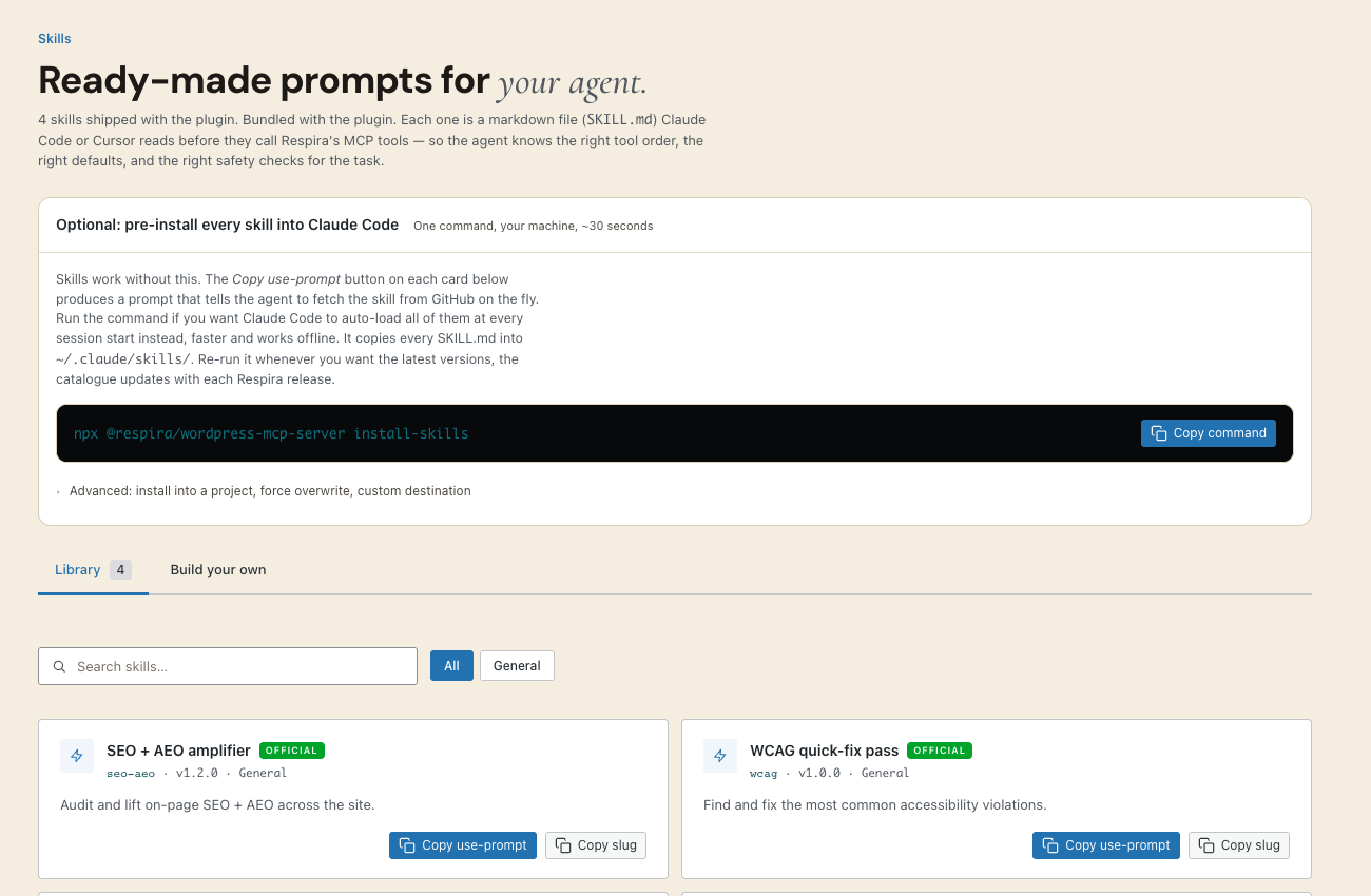 The Skills screen of the Respira plugin inside WordPress