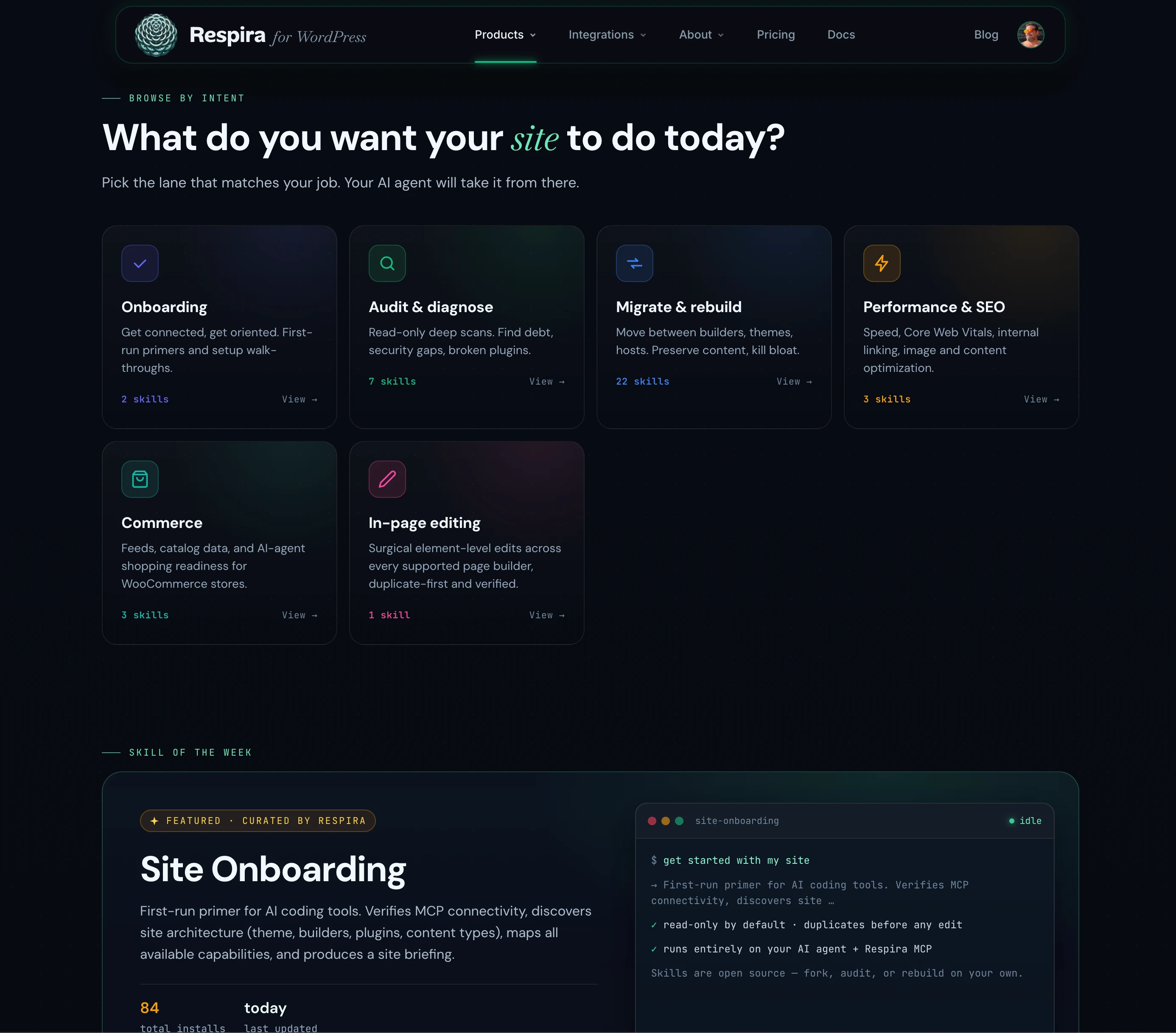 The Respira Skills marketplace organised by intent, including onboarding, audits, migrations, performance, commerce, and in-page editing.