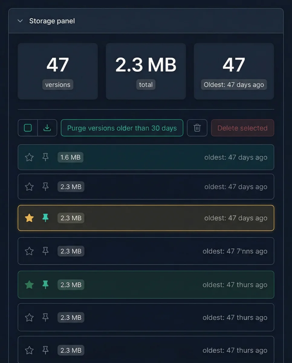 Storage management section showing total version size and purge controls.