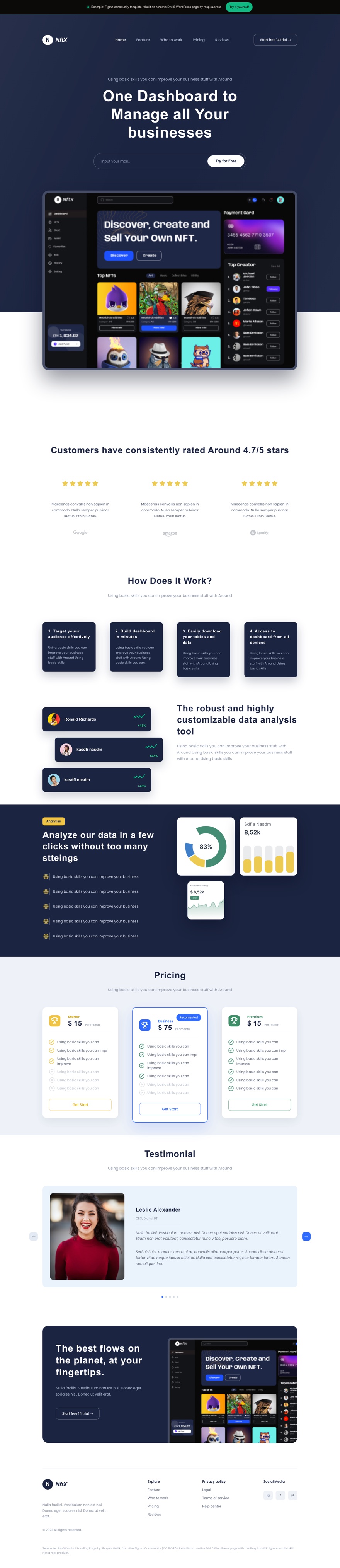 The Navy product SaaS design live as a Divi 5 page
