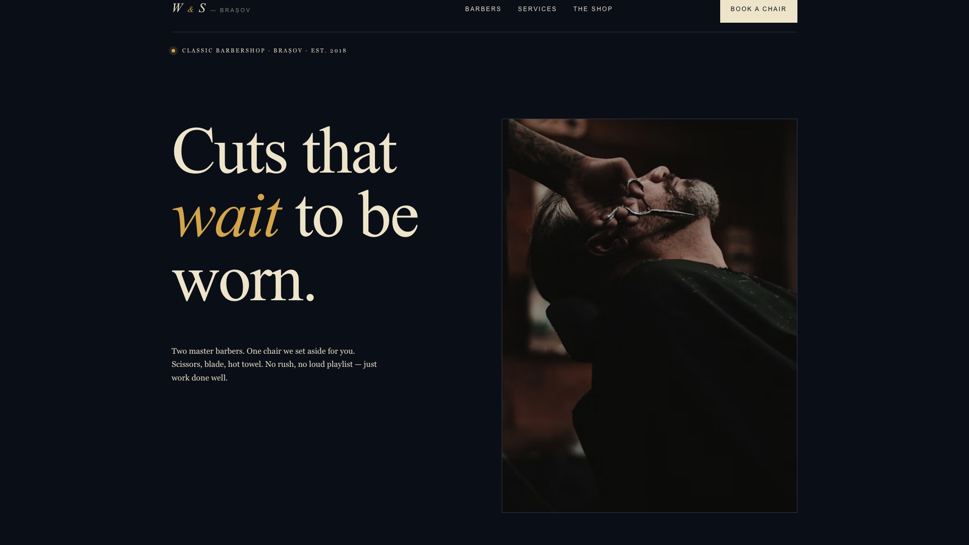 The barbershop landing page edited live in the demo video, published at mihai.love/barber. Hero reads 'Cuts that wait to be worn.' over a black-and-tan barbershop scene.