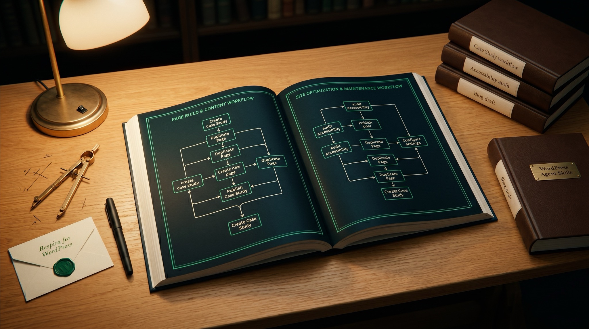 An architect's drafting table seen from above: an open atlas of luminous emerald-and-cream blueprints showing workflow diagrams, neat stacks of leather-bound volumes labeled 'create case study', 'audit accessibility', 'duplicate page', and a brass draftsman's compass at rest.