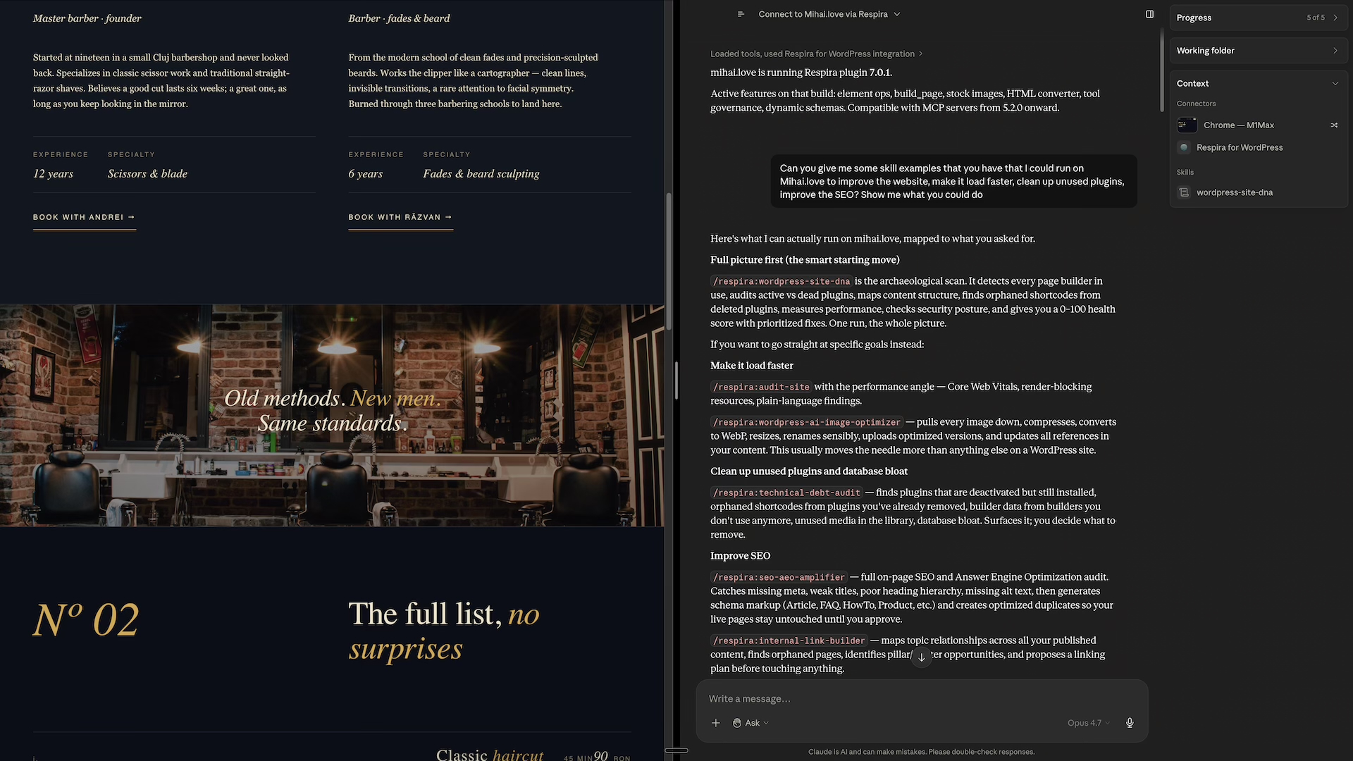 Claude Cowork running Respira plugin. Side-by-side view: a barbershop website redesign on the left, the Respira chat with site DNA scan results on the right.