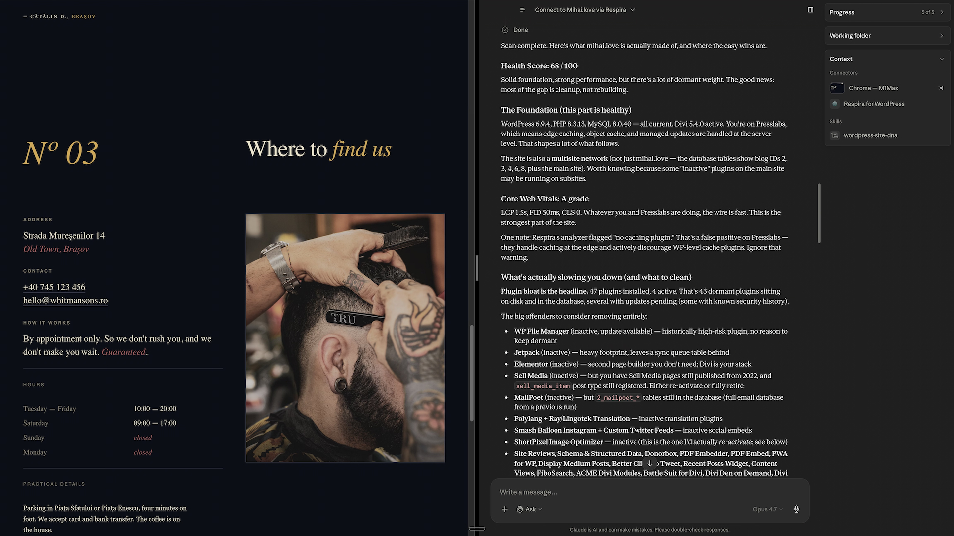 Claude Cowork showing a Respira-driven page edit with snapshot confirmation.