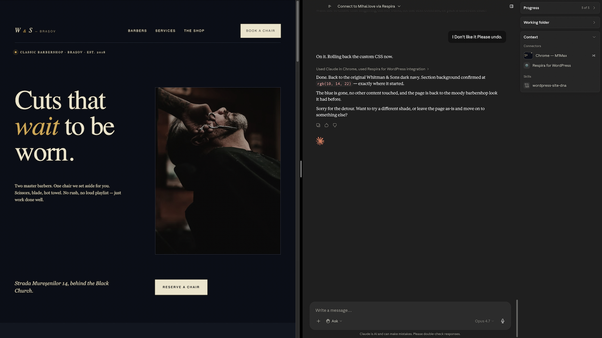 Claude Cowork showing the visual reviewer sub-agent confirming the change against the live render.