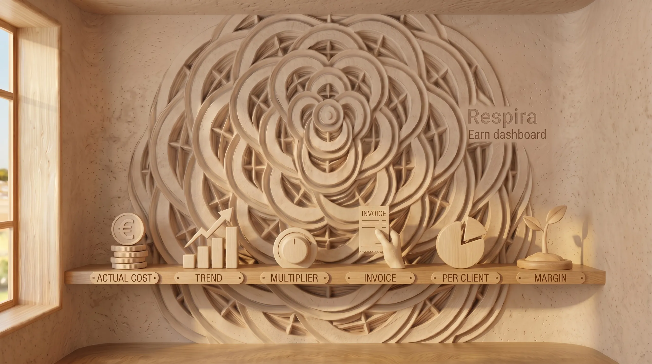 A warm wooden model of Respira Earn connecting actual cost, trends, multipliers, invoices, clients, and margin.