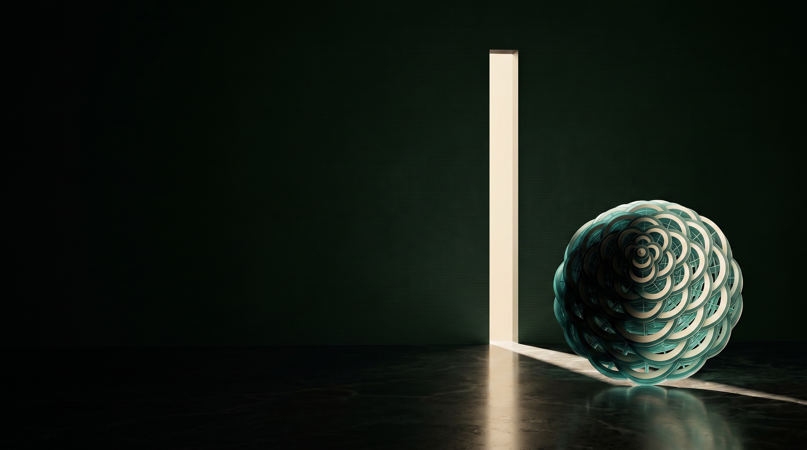 Respira mandala in a quiet dark green chamber, a slim slit of warm light passing through a tall opening