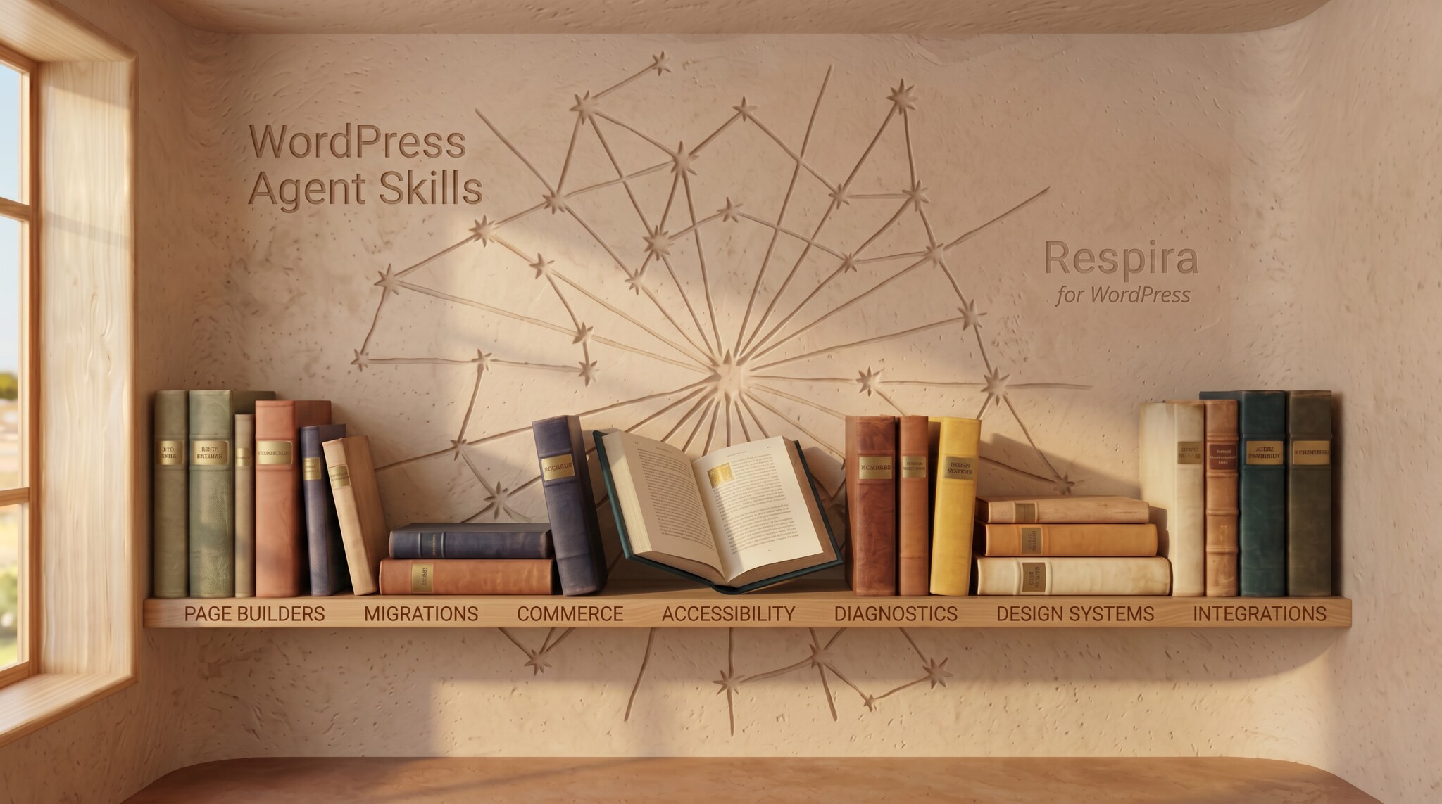 A wall-mounted bookshelf of WordPress skill volumes, organized into seven categories: page builders, migrations, commerce, accessibility, diagnostics, design systems, integrations.