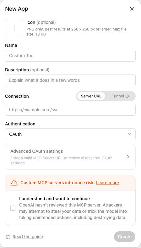 ChatGPT New App form: Name, Description, Connection set to Server URL, and Authentication set to OAuth