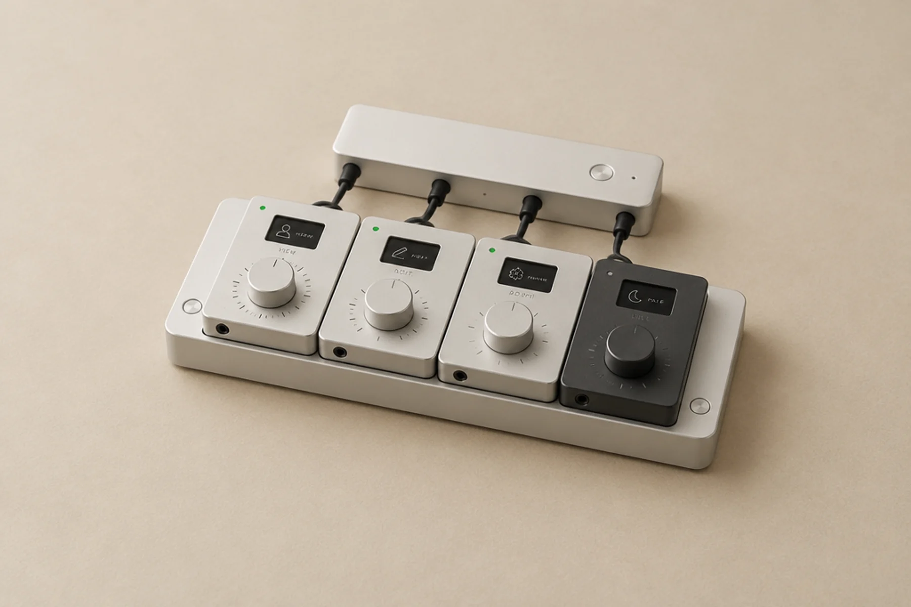 A modular team console with three active stations and one dormant station.