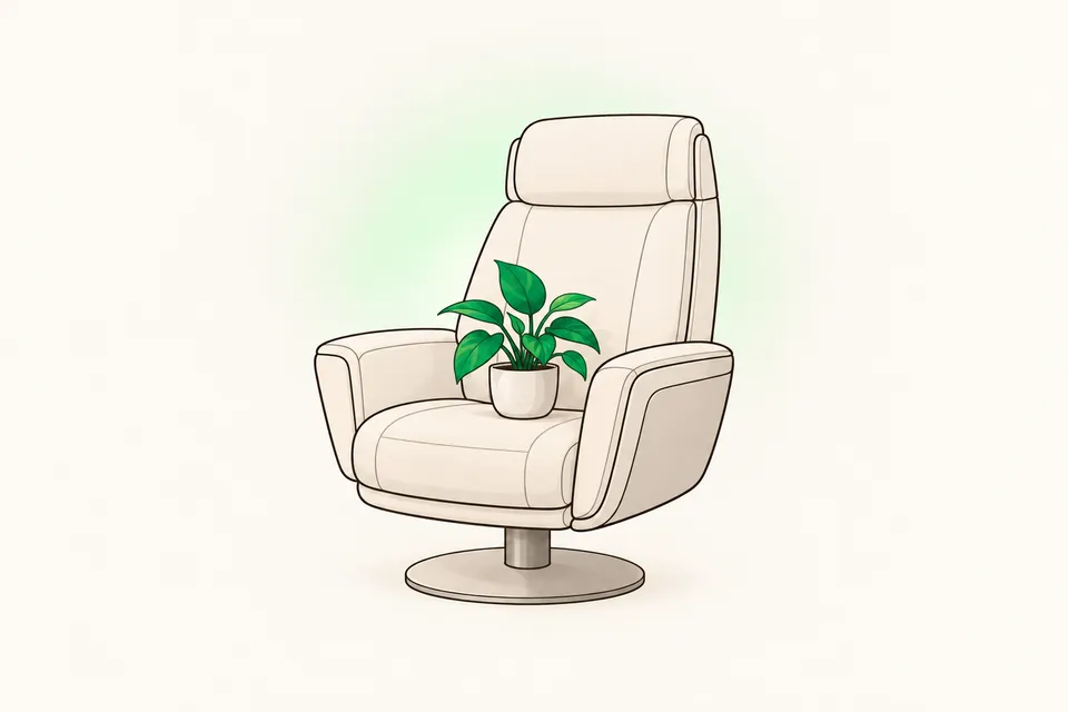 An empty captain's chair drawn in thin warm lines, with a small green plant on the seat.