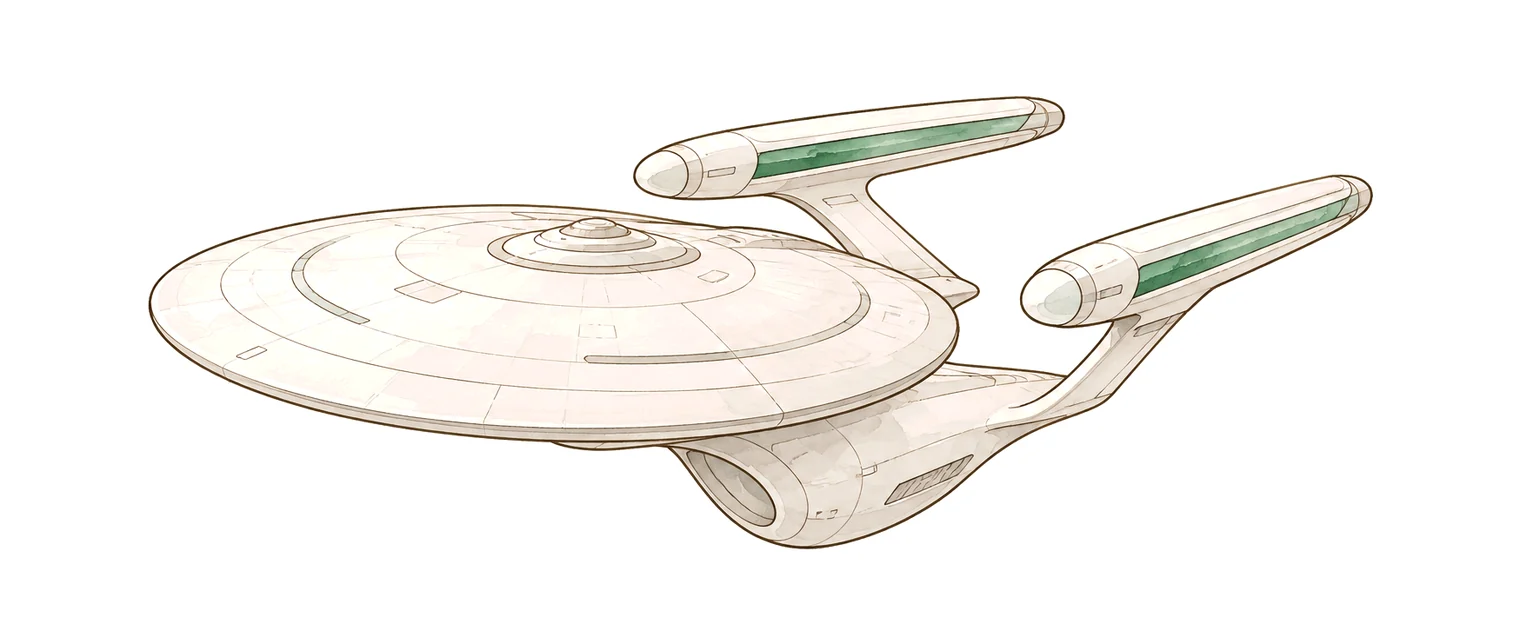 A starship drawn in thin warm lines, a broad saucer and two long nacelles, gliding calmly across the paper.