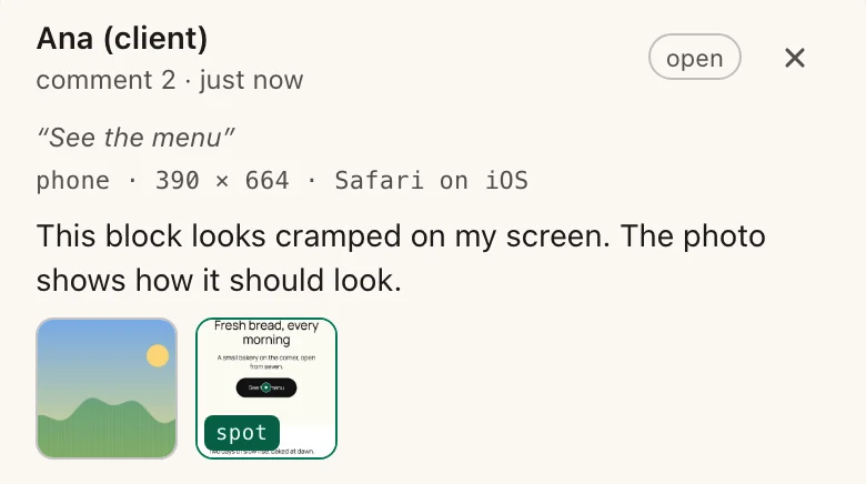 A Murmur note left on a phone: the client's name, the device line reading phone, 390 by 664, Safari on iOS, the note text, an attached photo and a small picture of the pinned spot.