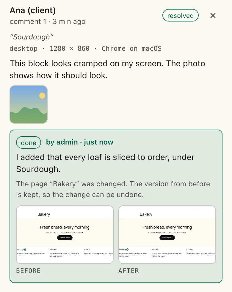 A resolved Murmur note with its done receipt: what was changed in the owner's words, a line saying the version from before is kept so the change can be undone, and the page before and after, side by side.
