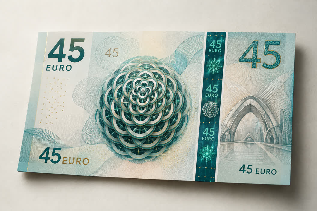 A 45 euro banknote that does not exist, engraved with the Respira mandala