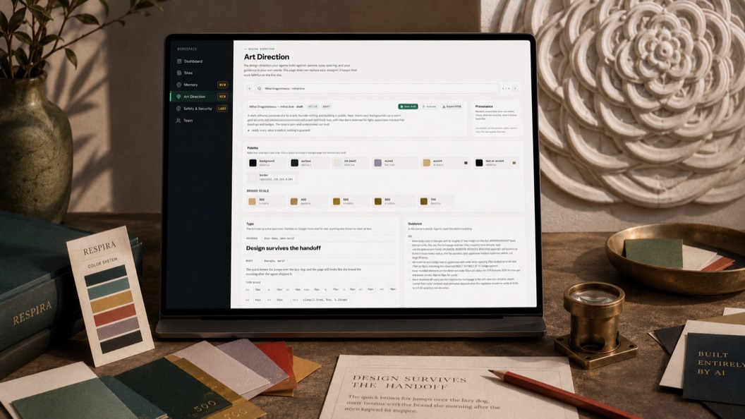 A laptop on a warm plaster desk showing the Art Direction dashboard, beside a brass loupe and stacked colour swatch books