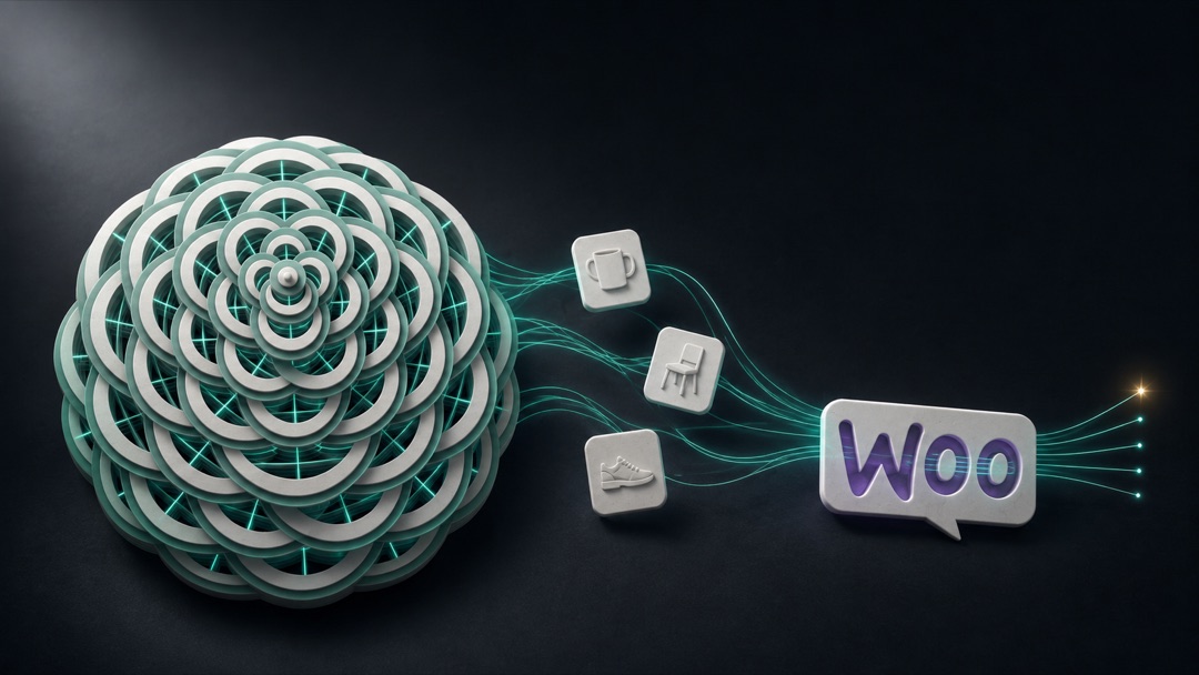 Respira driving a WooCommerce store: product tiles flowing from the Respira mark into the Woo logo.