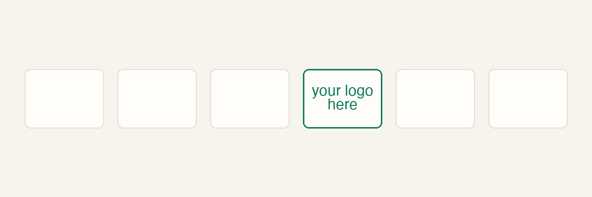 A row of empty logo frames, one highlighted in emerald and reading: your logo here