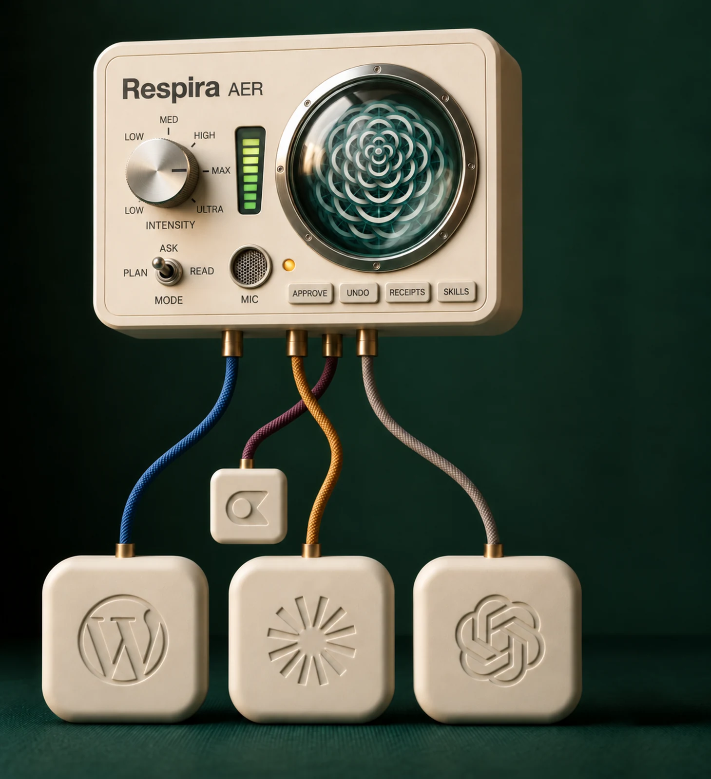 The Respira AER console: an intensity dial from low to ultracode, a mode switch and a microphone, the Respira mandala lit under a round porthole, and woven cords running to modules marked WordPress, Claude and ChatGPT