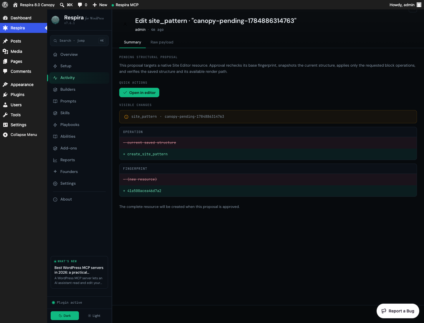 Respira approval drawer showing a pending native site-pattern creation and its fingerprint diff