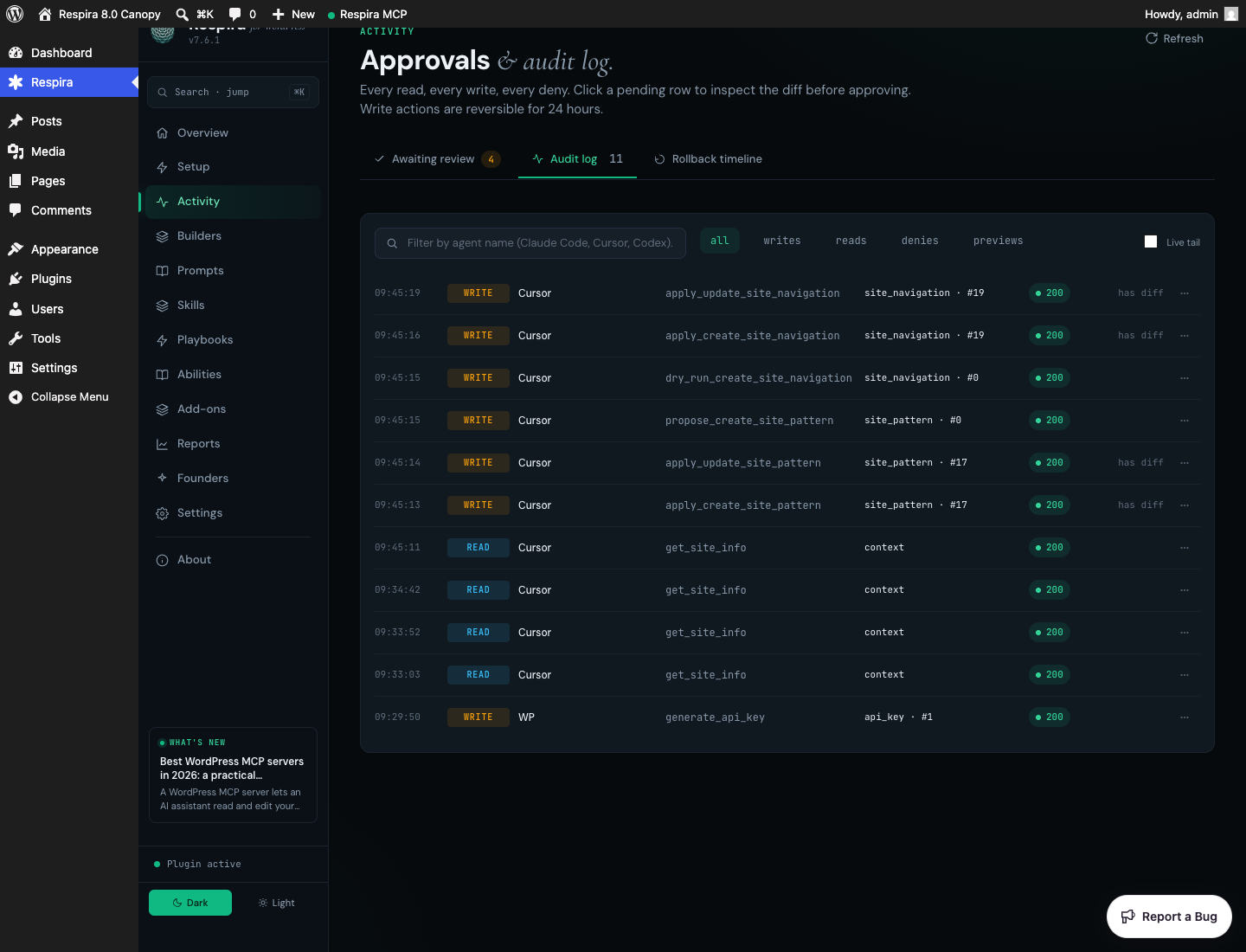 Respira audit log showing pattern and navigation lifecycle events from a Studio acceptance run