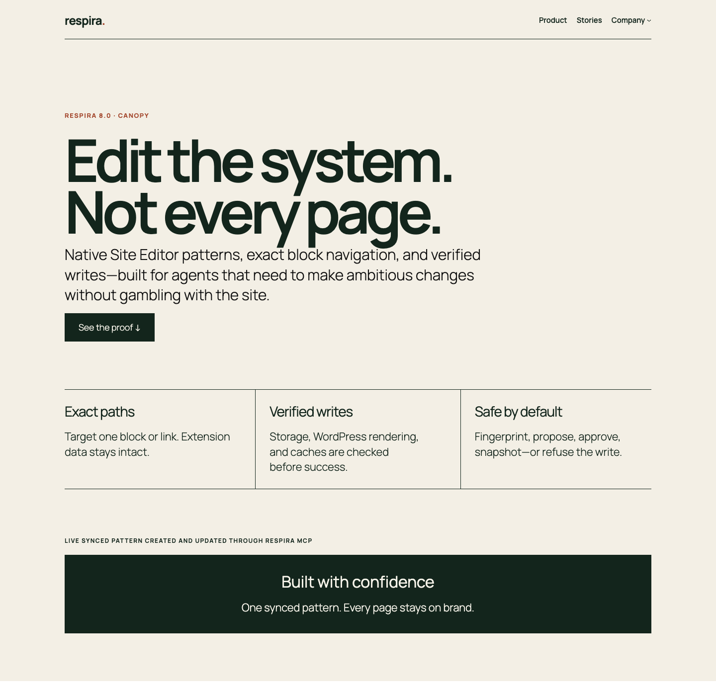 A live WordPress Studio homepage with an MCP-created navigation and a synced proof-bar pattern