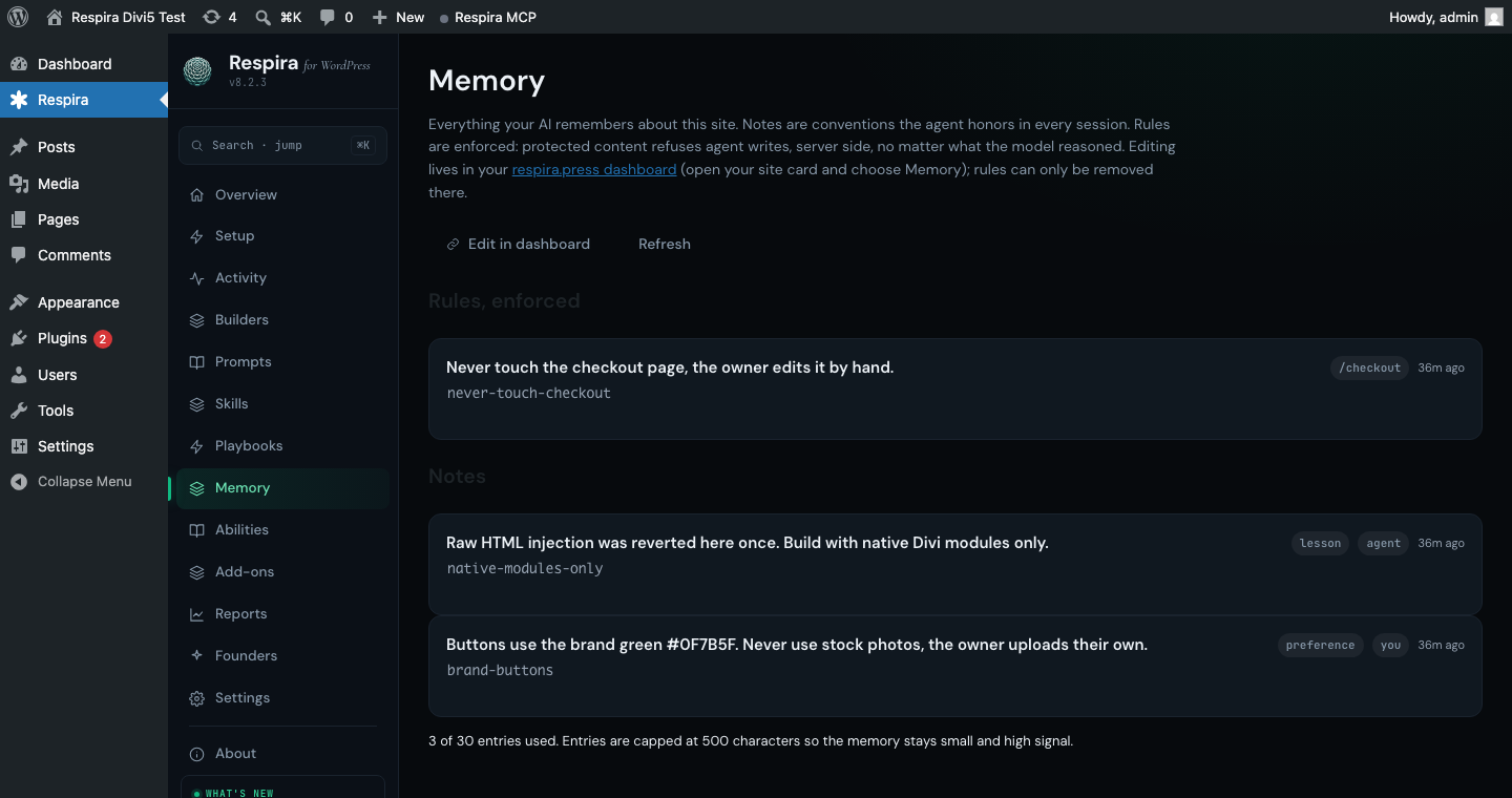 The Memory screen in the Respira WordPress admin, showing an enforced checkout rule and two remembered notes.