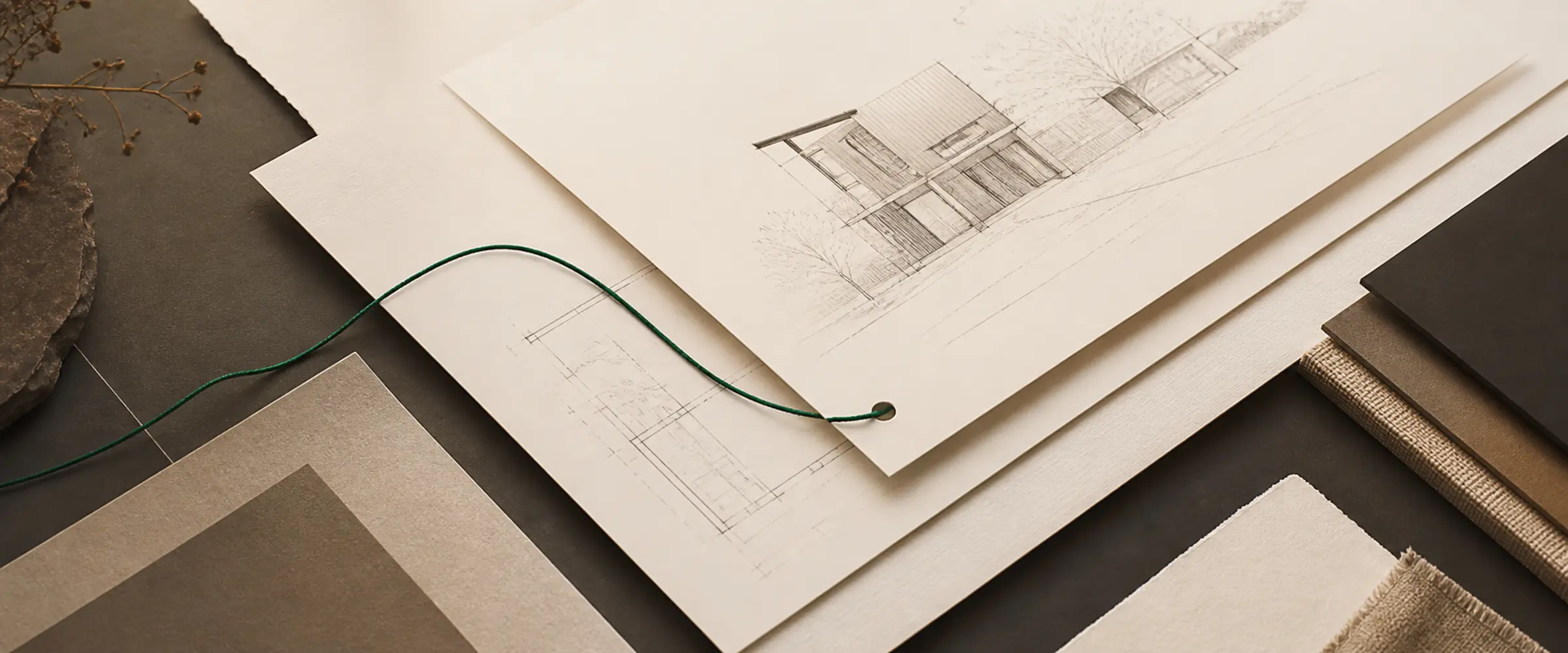 Layered paper plans preserve an original beneath a proposed change, connected by one emerald thread that pauses before the final step.