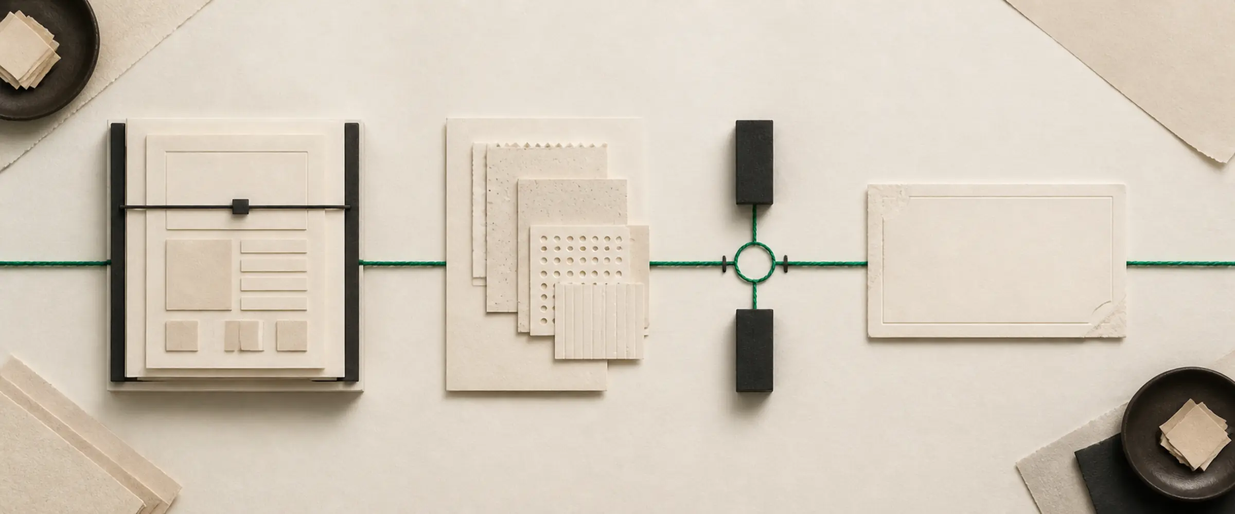 Four paper stages show a site being scanned, evidence organised, approval held at a gate, and a final receipt produced.
