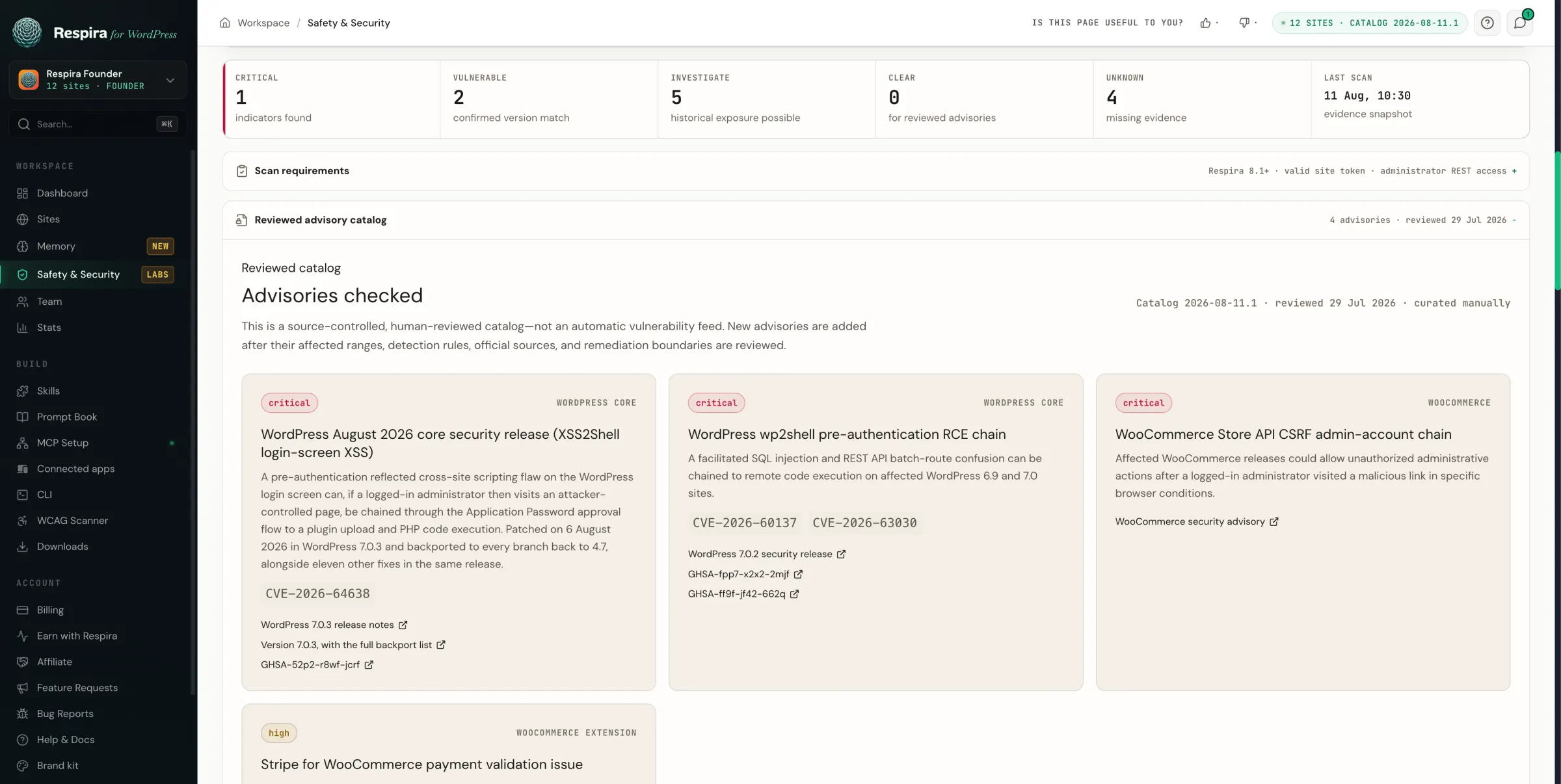 Respira's light WordPress Safety and Security dashboard showing site verdicts and its reviewed vulnerability advisory catalog.